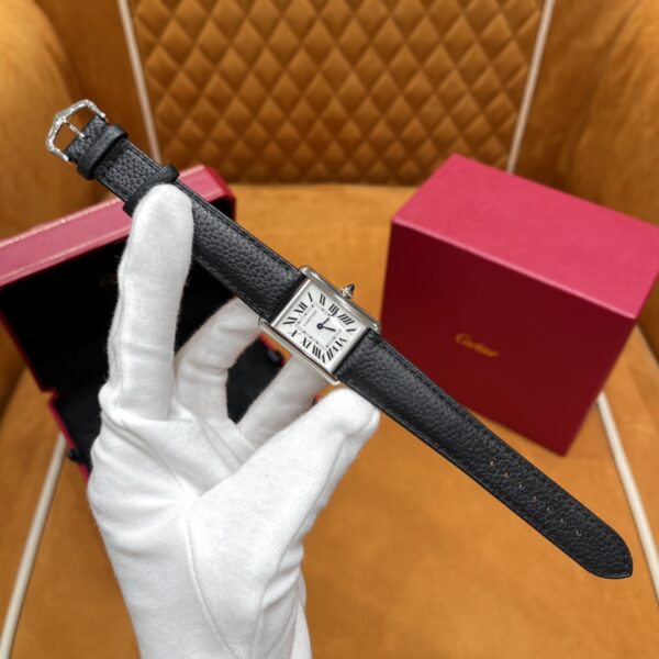 Cartier Tank Series WSTA0041 (New Medium, Stainless Steel, Pearl Silver Dial, Black Calfskin Leather Strap)