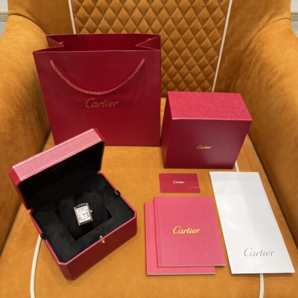 Cartier Tank Series WSTA0041 (New Medium, Stainless Steel, Pearl Silver Dial, Black Calfskin Leather Strap)