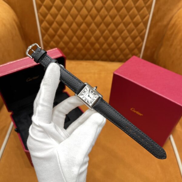 Cartier Tank Series WSTA0042 (New Small, Stainless Steel, Pearl Silver Dial, Black Calfskin Leather Strap)