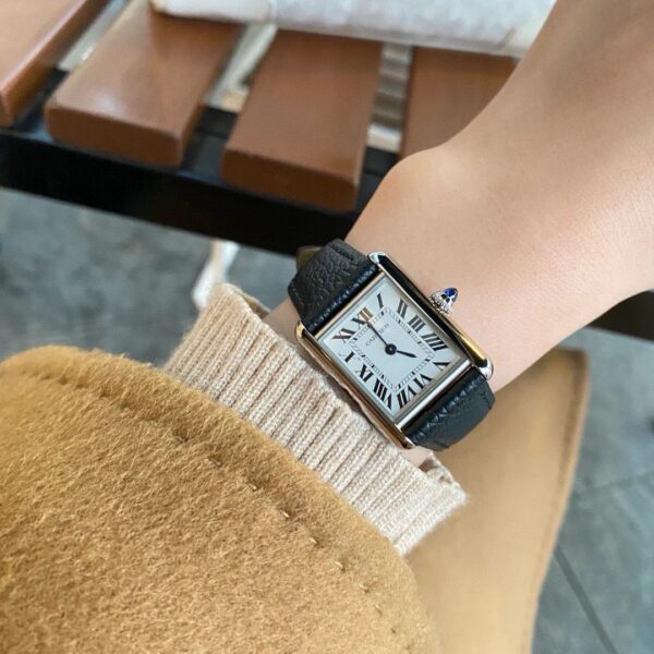 Cartier Tank Series WSTA0042 (New Small, Stainless Steel, Pearl Silver Dial, Black Calfskin Leather Strap)