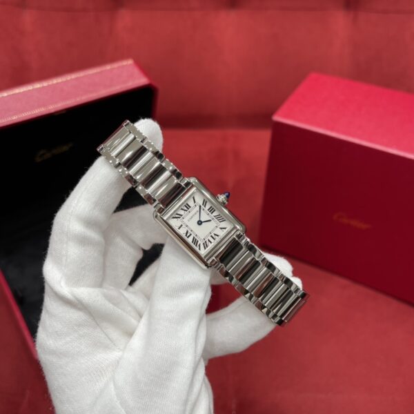 Cartier Tank Series WSTA0051 (Small, Stainless Steel, Pearl Silver Dial, Metal Strap)
