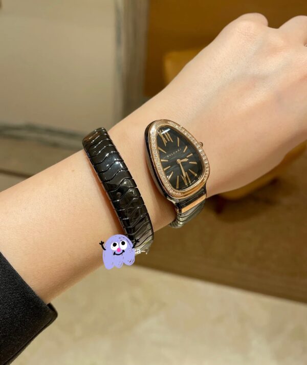 1 Bvlgari Serpenti Series 102532 (Black, Rose Gold, Ceramic Strap, Diamond-Studded, Pink Ceramic Crown, Swiss Quartz Movement)