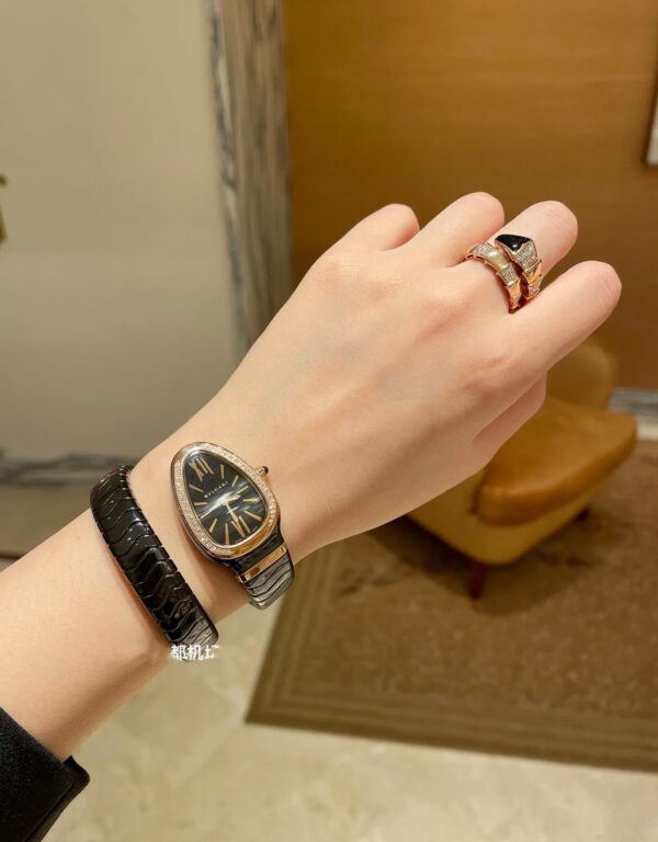 1 Bvlgari Serpenti Series 102532 (Black, Rose Gold, Ceramic Strap, Diamond-Studded, Pink Ceramic Crown, Swiss Quartz Movement)