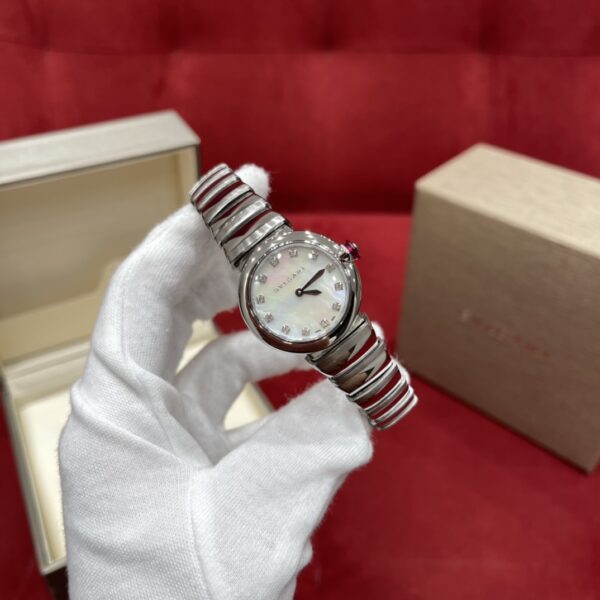 BVLGARI LVCEA Series 102196 (28mm, Stainless Steel, White Mother-of-Pearl Dial, Diamond Hour Markers, Red Cabochon Gem Crown, Swiss Quartz Movement)