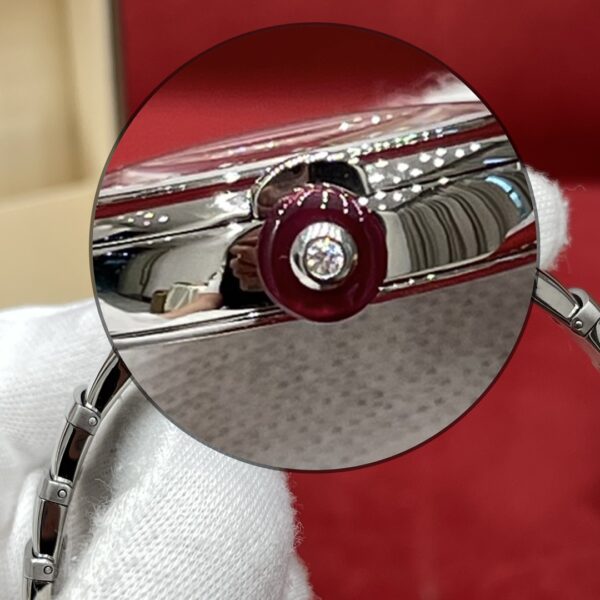 BVLGARI LVCEA Series 102196 (28mm, Stainless Steel, White Mother-of-Pearl Dial, Diamond Hour Markers, Red Cabochon Gem Crown, Swiss Quartz Movement)
