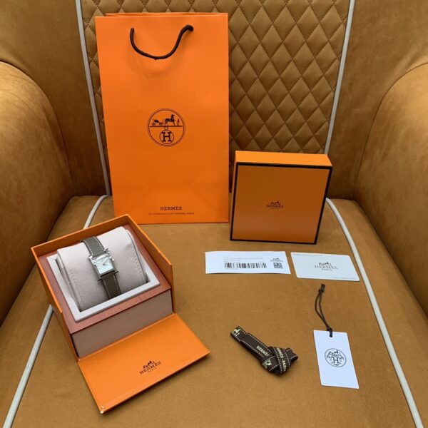 Hermès Heure H Watch (White Dial, Elephant Grey Swift Calf Leather Strap)