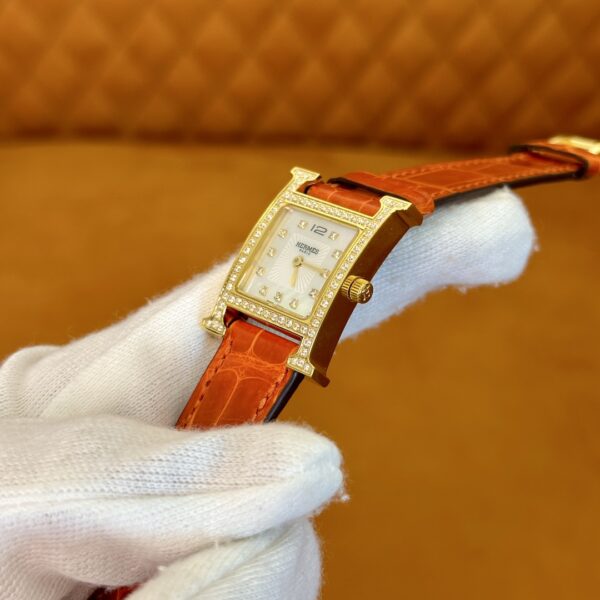 Hermès Heure H Watch (Mother of Pearl Dial, Orange Crocodile Leather Strap)