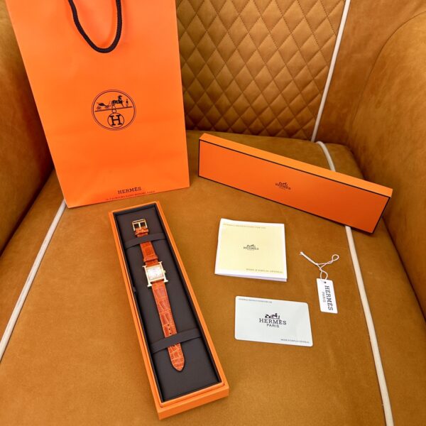 Hermès Heure H Watch (Mother of Pearl Dial, Orange Crocodile Leather Strap)