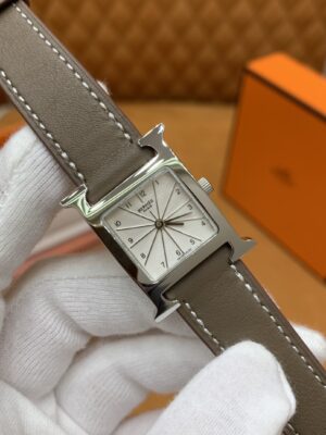 Hermès Heure H Watch (White Dial, Elephant Grey Swift Calf Leather Strap)