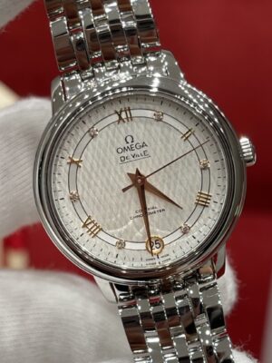 Omega De Ville Prestige 424.10.33.20.52.001 (Gold Hands, Silk Dial, Diamond Hour Markers, Stainless Steel Case)