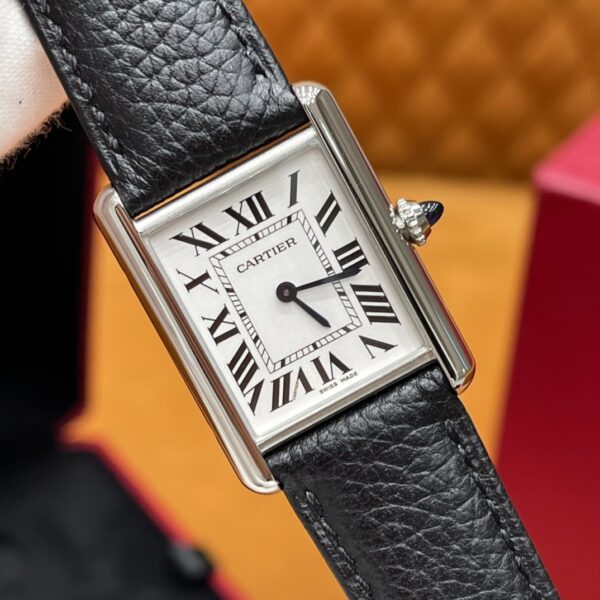 Cartier Tank Series WSTA0041 (New Medium, Stainless Steel, Pearl Silver Dial, Black Calfskin Leather Strap)