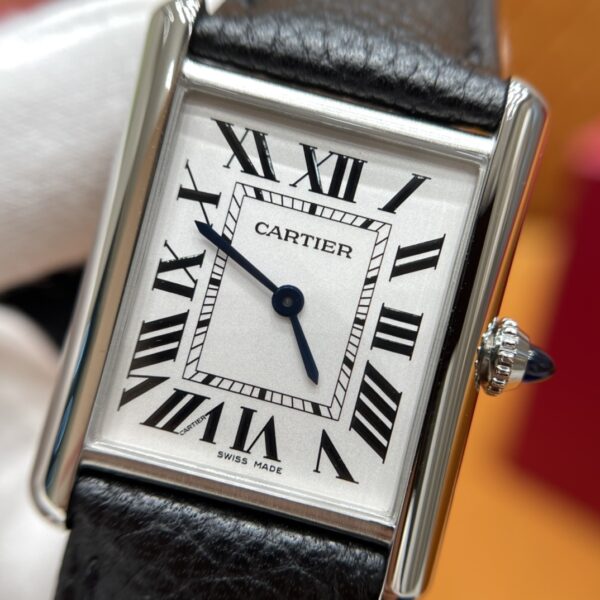 Cartier Tank Series WSTA0041 (New Medium, Stainless Steel, Pearl Silver Dial, Black Calfskin Leather Strap)