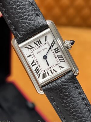Cartier Tank Series WSTA0042 (New Small, Stainless Steel, Pearl Silver Dial, Black Calfskin Leather Strap)
