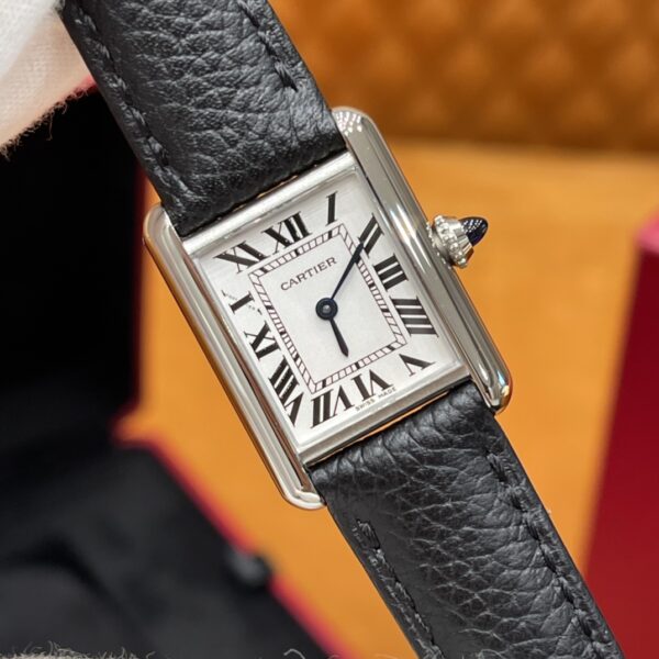 Cartier Tank Series WSTA0042 (New Small, Stainless Steel, Pearl Silver Dial, Black Calfskin Leather Strap)
