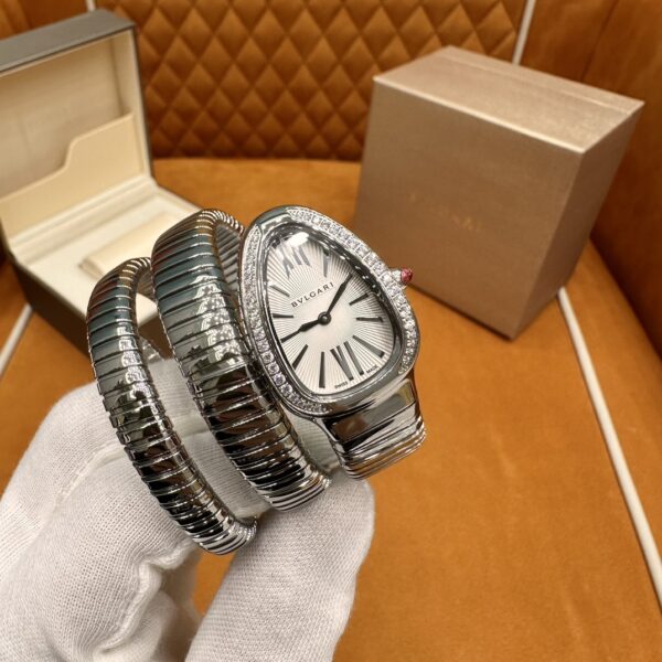 2 Bvlgari Serpenti Series 101910 SP35C6SDS.2T (Silver, Stainless Steel, Diamond-Studded, Pink Spinel Crown, Swiss Quartz Movement)