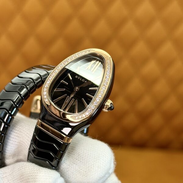 2 Bvlgari Serpenti Series 102532 (Black, Rose Gold, Ceramic Strap, Diamond-Studded, Pink Ceramic Crown, Swiss Quartz Movement)