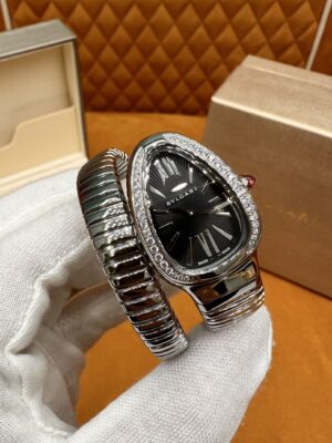 BVLGARI SERPENTI Series 103524 (Silver, Stainless Steel, Diamond Bezel, White Lacquered Dial, Pink Spinel Crown, Swiss Quartz Movement)