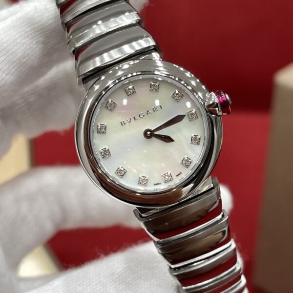 BVLGARI LVCEA Series 102196 (28mm, Stainless Steel, White Mother-of-Pearl Dial, Diamond Hour Markers, Red Cabochon Gem Crown, Swiss Quartz Movement)