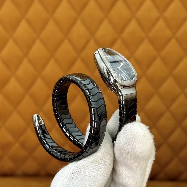 2 BVLGARI Serpenti 28HF00 (Black Dial, Steel & Ceramic Diamond-Set Silver Bezel)