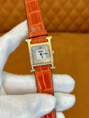 Hermès Heure H Watch (Mother of Pearl Dial, Orange Crocodile Leather Strap)