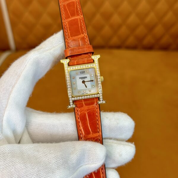 Hermès Heure H Watch (Mother of Pearl Dial, Orange Crocodile Leather Strap)