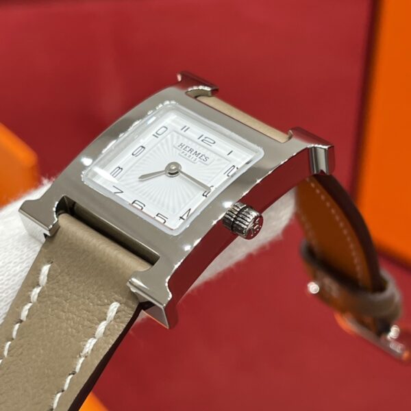 Hermès Heure H Watch (White Dial, Elephant Grey Swift Leather Strap)