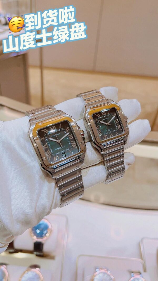 Cartier Santos Series WSSA0061 (Medium Size, Stainless Steel, Smoky Green Dial)