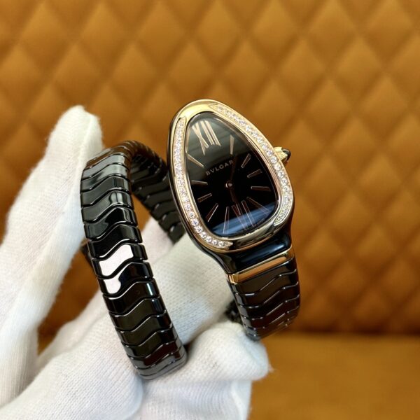 3 Bvlgari Serpenti Series 102532 (Black, Rose Gold, Ceramic Strap, Diamond-Studded, Pink Ceramic Crown, Swiss Quartz Movement)