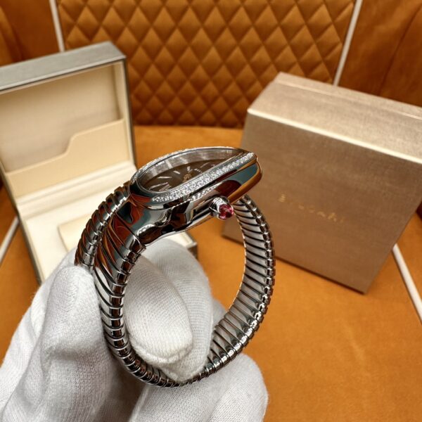 BVLGARI SERPENTI Series 103524 (Silver, Stainless Steel, Diamond Bezel, White Lacquered Dial, Pink Spinel Crown, Swiss Quartz Movement)