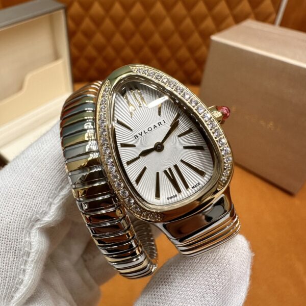 BVLGARI SERPENTI Series 103648 (Two-Tone, Stainless Steel & 18K Gold, Diamond Bezel, White Lacquered Dial, Pink Spinel Crown, Swiss Quartz Movement)