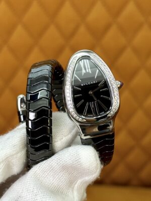BVLGARI Serpenti 28HF00 (Black Dial, Steel & Ceramic Diamond-Set Silver Bezel)