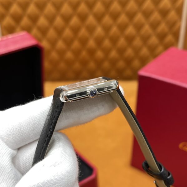 Cartier Tank Series WSTA0042 (New Small, Stainless Steel, Pearl Silver Dial, Black Calfskin Leather Strap)