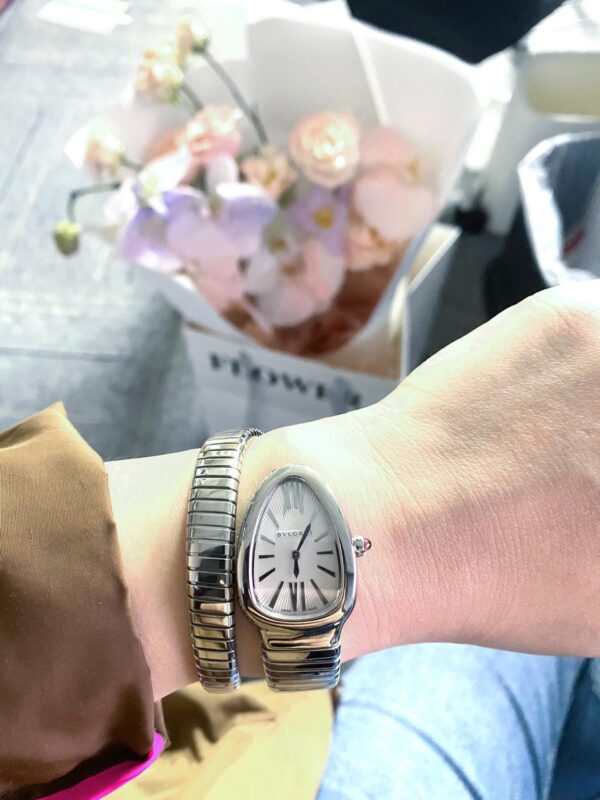 Bvlgari Serpenti Series 101828 SP35C6SS.1T/L (White, Stainless Steel, Pink Spinel Crown, Swiss Quartz Movement)