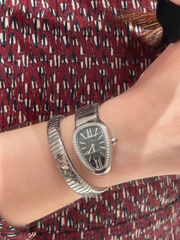 BVLGARI SERPENTI Series 103524 (Silver, Stainless Steel, Diamond Bezel, White Lacquered Dial, Pink Spinel Crown, Swiss Quartz Movement)