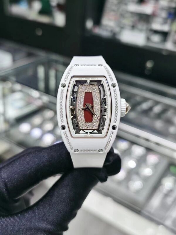 5 Richard Mille RM07-01 (White Ceramic, Red Bezel with Diamonds)