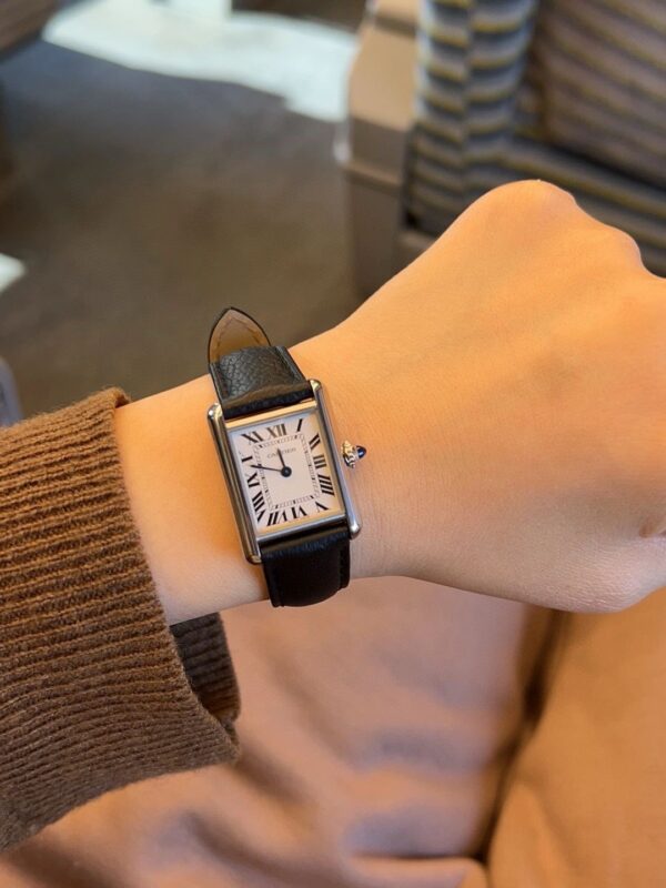 Cartier Tank Series WSTA0042 (New Small, Stainless Steel, Pearl Silver Dial, Black Calfskin Leather Strap)