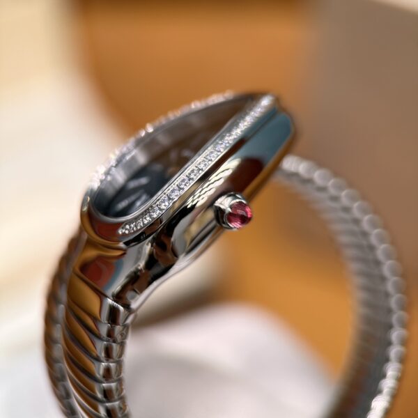 BVLGARI SERPENTI Series 103524 (Silver, Stainless Steel, Diamond Bezel, White Lacquered Dial, Pink Spinel Crown, Swiss Quartz Movement)