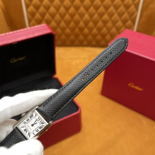 Cartier Tank Series WSTA0042 (New Small, Stainless Steel, Pearl Silver Dial, Black Calfskin Leather Strap)