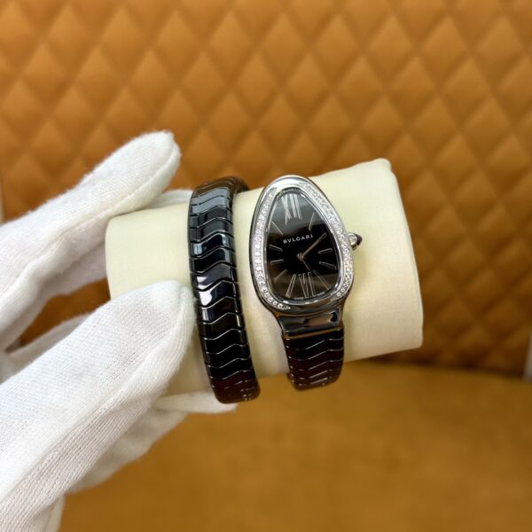 6 BVLGARI Serpenti 28HF00 (Black Dial, Steel & Ceramic Diamond-Set Silver Bezel)