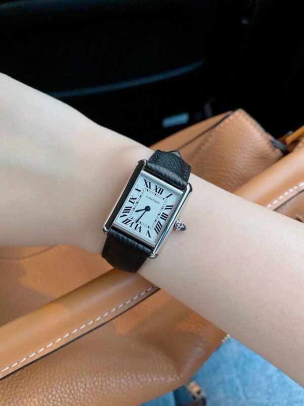 Cartier Tank Series WSTA0042 (New Small, Stainless Steel, Pearl Silver Dial, Black Calfskin Leather Strap)