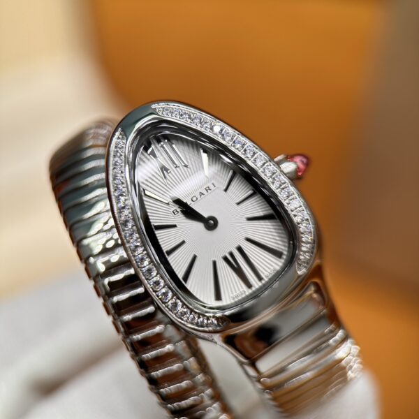 Bvlgari Serpenti Series 101816 SP35C6SDS.1T (White, Stainless Steel, Pink Spinel Crown, Diamond Bezel, Swiss Quartz Movement)
