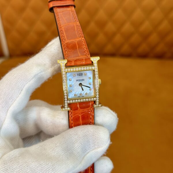 Hermès Heure H Watch (Mother of Pearl Dial, Orange Crocodile Leather Strap)