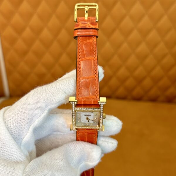 Hermès Heure H Watch (Mother of Pearl Dial, Orange Crocodile Leather Strap)