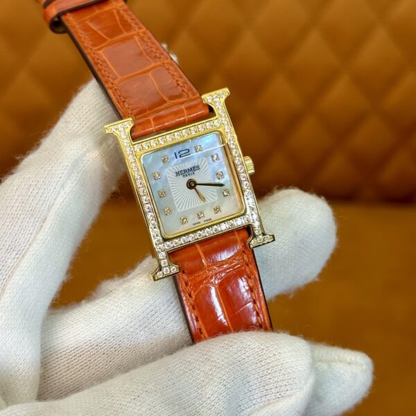 Hermès Heure H Watch (Mother of Pearl Dial, Orange Crocodile Leather Strap)