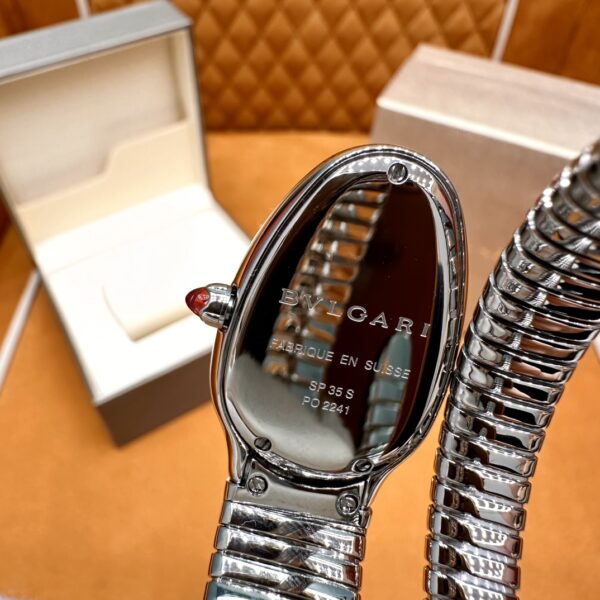 BVLGARI SERPENTI Series 103524 (Silver, Stainless Steel, Diamond Bezel, White Lacquered Dial, Pink Spinel Crown, Swiss Quartz Movement)