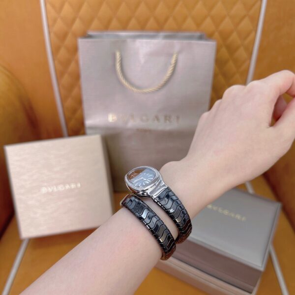 9 BVLGARI Serpenti 28HF00 (Black Dial, Steel & Ceramic Diamond-Set Silver Bezel)